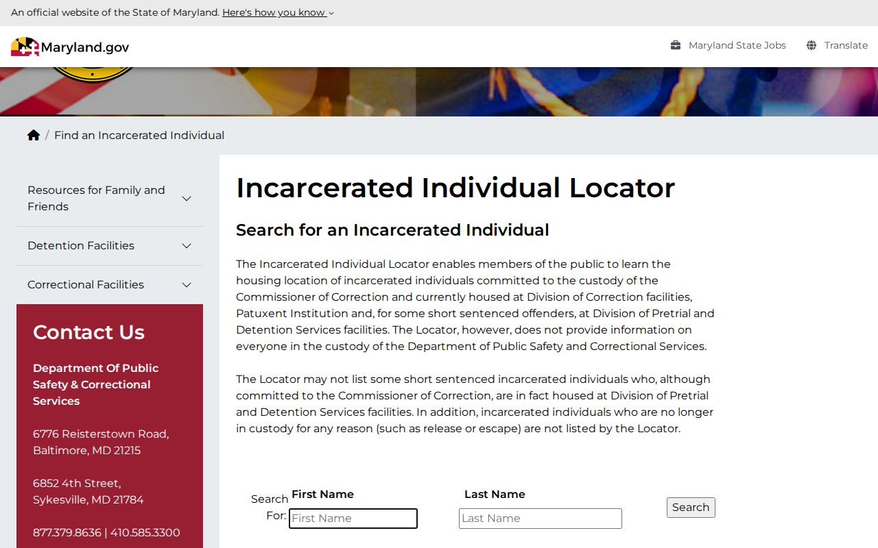 Maryland DPSCS offender locator name search interface