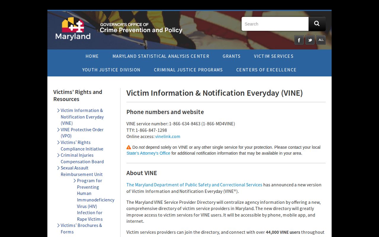 Maryland VINE information page with custody notification contacts