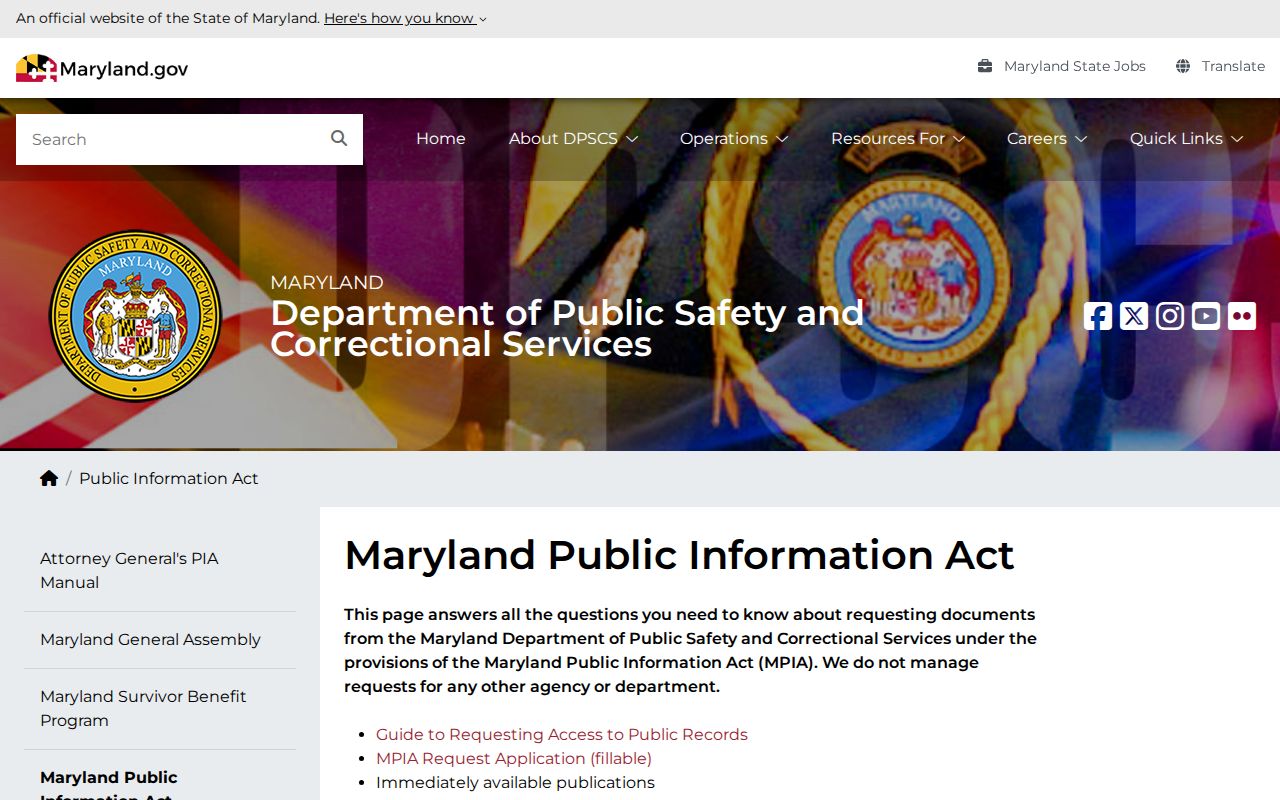 Maryland DPSCS Public Information Act request information